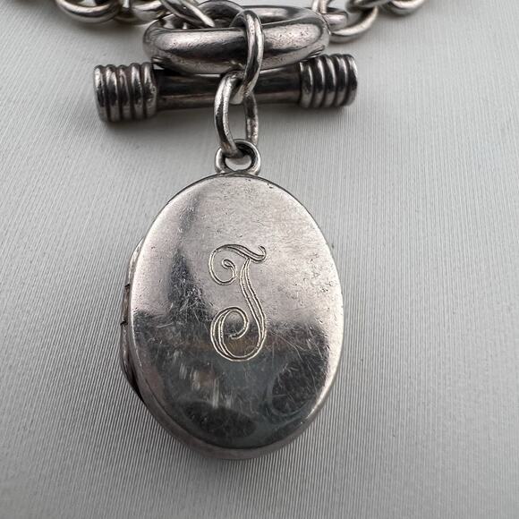 Sterling Silver Toggle Clasp Chain Bracelet 29g Engraved "J" Initial Locket 7.25 - Picture 2 of 7